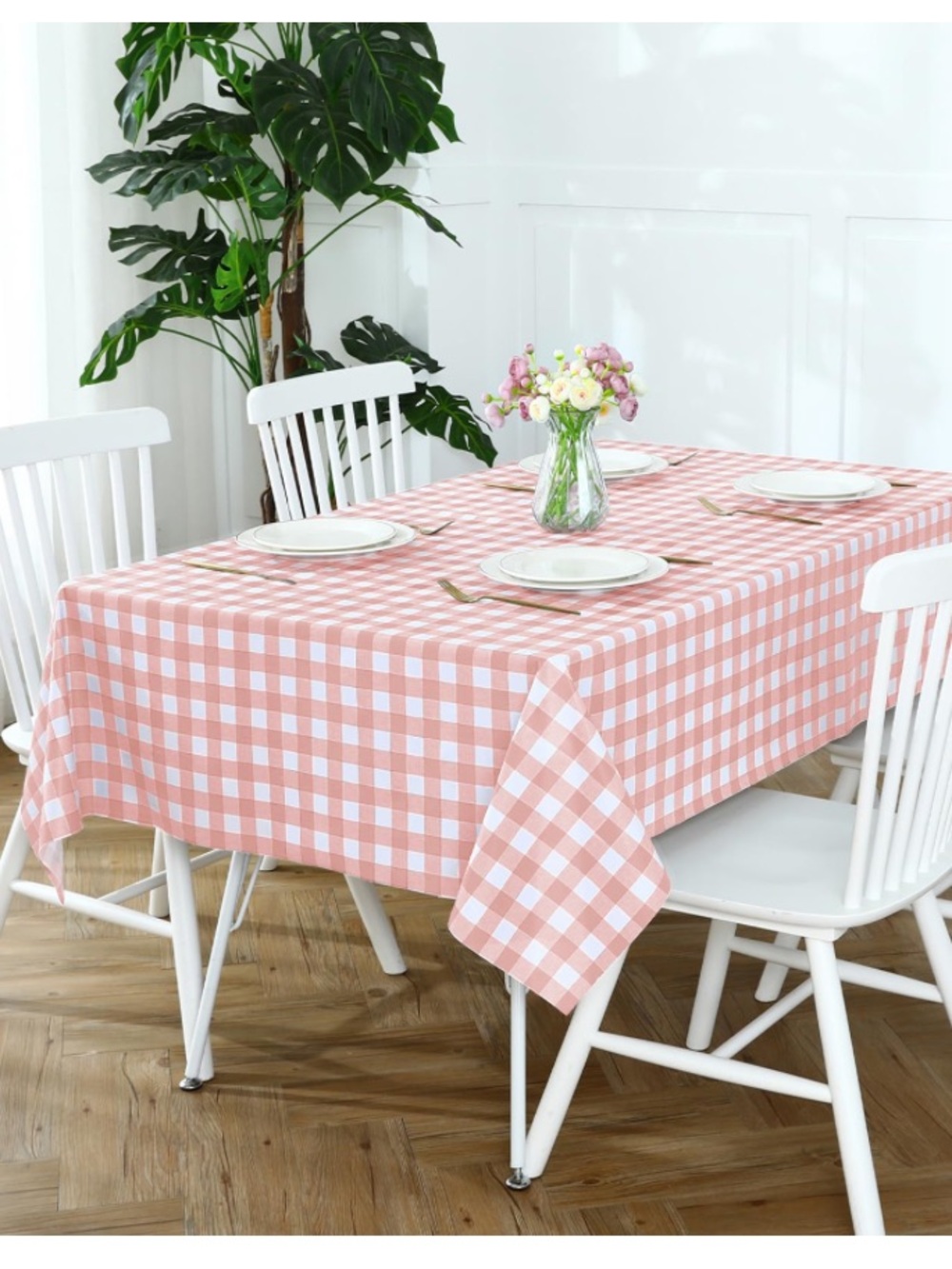 Pink Checkered Heavy-Duty Vinyl Tablecloth Waterproof Rectangular 54x120”